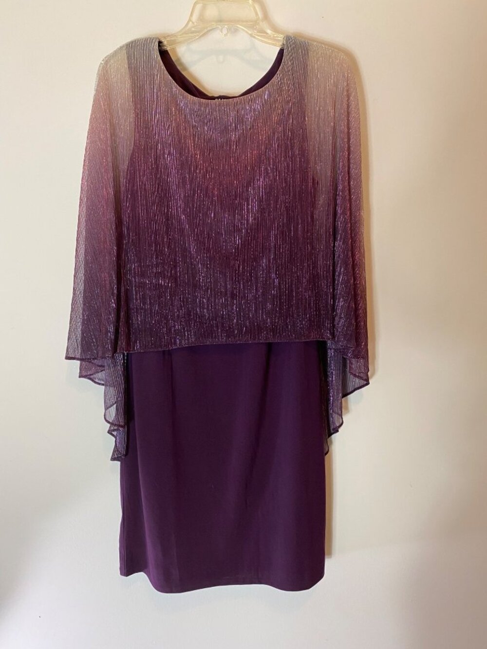 SLNY Fashions Purple Ombre Capelet Dress Metallic Sheer Overlay Size 12